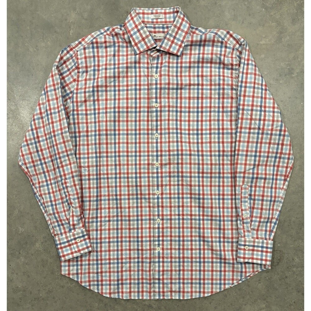 Peter Millar Button Down Shirt Mens XL Red Blue White Plaid Check Cotton